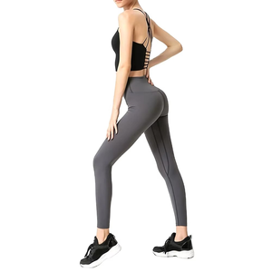 Seamless Breathable Yoga Set Mid Waist Full Length Crew Neck Wrinkle-Resistant <b>Leggings</b> <b>Crop</b> Top Racerback Sleeveless Solid - Product Image 2