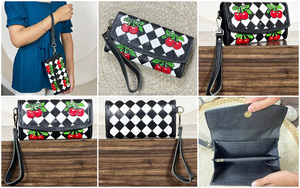 Factory Direct Wholesale Black & White Checkered <b>Leather</b> Wallet With Wristlet New Cherry Design Genuine <b>Leather</b> Women's Clutch - Product Image 3