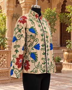 Suzani Beige <b>Velvet</b> Embroidered <b>Jacket</b> for <b>Women</b> Elegant Ethnic Open Front Floral Embroidery Luxury Winter Fashion Outerwear - Product Image 4