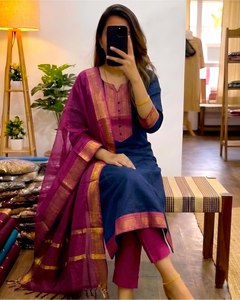 Slub Cotton Indian Pakistani Set <b>Kurta</b> Pant Dupatta Quick Dry <b>Women</b> Ethnic Loose Fit Casual Festive Outfit In-Stock - Product Image 5