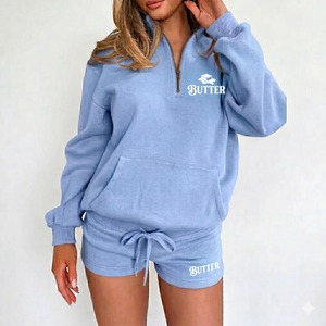 Ensemble 2 pièces décontracté pour femme : short léger et respirant en coton uni au-dessus du genou avec sweat à capuche zippé pour l'automne - Product Image 1