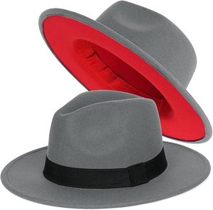 Chapeau Fedora en laine grise avec doublure rouge et bande noire, unisexe, adulte, formel, printemps-automne, 56-58 cm - Product Image 3