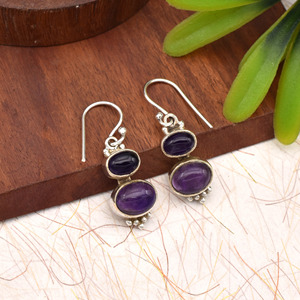 Natural Amethyst Double Oval Cabochon Dangle Earrings 925 <b>Sterling</b> <b>Silver</b> Handmade Vintage Boho Purple Gemstone Drop Jewelry - Product Image 1