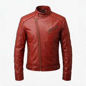 Nouveautés RTS : Blouson moto homme en cuir véritable, col montant, fermeture éclair, style motard, coupe ajustée, rouge, pour l'automne - Product Image 1