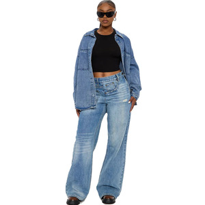 Women Latest Denim Jeans Shirt Denim Women <b>Long</b> <b>Sleeve</b> Button Up Double Pocket Denim Shirt Light Wash Casual Blue <b>Tops</b> - Product Image 3