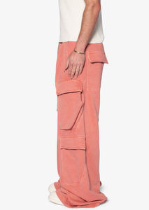 Pantalon cargo large pour homme en corail, taille élastique avec cordon de serrage, plusieurs poches, style décontracté d'été, tissu en toile - Product Image 2