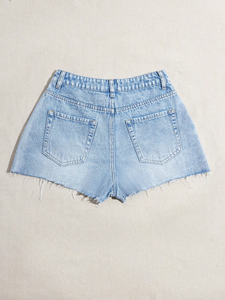Shorts en jean taille haute pour femme, couleur unie, fermeture boutonnée, cinq poches, coupe classique, délavé, style décontracté - Product Image 5