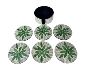 Ensemble de sous-verres ronds artisanaux en nacre avec support, motif feuille verte, sous-verres en coquille pour table basse, décoration - Product Image 2