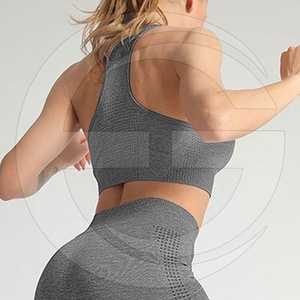 Women's Gray Seamless Yoga Set High Waist Full Length Leggings <b>Crop</b> <b>Top</b> Racerback Scoop Neck Breathable Mesh Sports Wear - Product Image 5