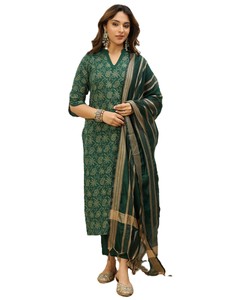 Ensemble ethnique 3 pièces pour femmes : Kurta droite en coton imprimé, pantalon et dupatta - Product Image 1