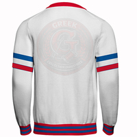 Cardigan blanc personnalisé pour fraternité, col en V, bordure contrastante, broderie de lettres grecques, en acrylique tricoté, pull unisexe, style universitaire