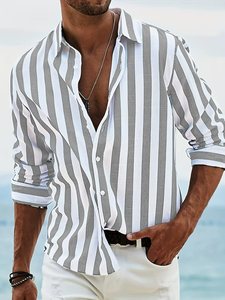 Camisa a Rayas Tejida de Color para Hombre, Recién Llegada, Personalización de Alta Calidad con Logotipo, Camisa Informal Holgada de Manga Larga de Algodón y Lino, OEM - Product Image 6