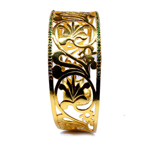 925 <b>Silver</b> Vintage Gold Plated <b>Cuff</b> <b>Bracelet</b> With Green Rhinestone Inlay Plant Pattern Women's Alloy Jewelry - Product Image 3