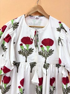 Bohemian Floral Block Print Cotton Midi <b>Dress</b> with Tie Neck and Puff Sleeves <b>Loose</b> Fit Asymmetrical Hem Summer Casual <b>Dress</b> - Product Image 3