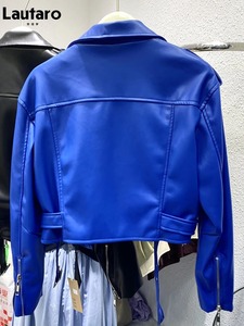 Blouson en cuir épais uni pour femme, style motard, col montant, manches longues, poches zippées, logo tissé sur le devant, doublure amovible, hiver - Product Image 3