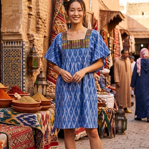 Vestido Mini Azul de Algodón Ikat para Mujer, con Bordado en el Pecho, Mangas con Volantes, Corte Holgado, Informal, para Uso Diario de Verano - Product Image 6