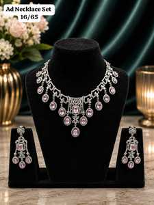 Parure de bijoux de mariée en zircon rose pour femme, collier et boucles d'oreilles, en laiton plaqué rhodium et acier inoxydable, style classique pour mariage, micro-pavé - Product Image 1