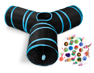 Tunnel pour chat à 3 voies avec ensemble de jouets, pliable et repliable, tunnel de jeu pour animaux de compagnie avec trou de surveillance et balle suspendue, jouets interactifs pour chat - Product Image 4