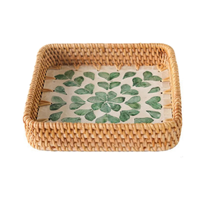 Plateau de service en nacre et rotin au design classique, personnalisable en logo et en taille, pour le bureau, le café et le thé. - Product Image 1