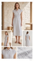 Robe chemise rayée 100 % coton à manches courtes, longueur genou, col rabattu, décontractée, boutonnée, coupe trapèze, respirante, naturelle, pour l'été et le quotidien