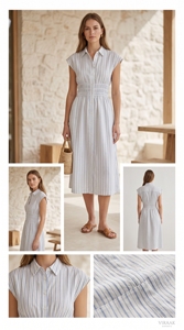 Robe chemise rayée 100 % coton à manches courtes, longueur genou, col rabattu, décontractée, boutonnée, coupe trapèze, respirante, naturelle, pour l'été et le quotidien - Product Image 1