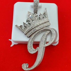Pendentif initial P en forme de couronne en argent sterling 925 avec diamant Moissanite, style Hip Hop Iced Out, bijoux unisexe, pendentif personnalisé - Product Image 1