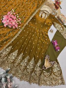 YELLOW Silk Anarkali <b>Suit</b> With Embroidered Dupatta Traditional Indian <b>Wedding</b> <b>Dress</b> <b>Women</b> Floor-Length Loose Fit - Product Image 6
