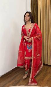 <b>Women</b> Traditional Red Embroidered <b>Kurta</b> Set with Dupatta Indian Pakistani Salwar Suit Natural Crape Silk Sequence Embroidery Set - Product Image 3