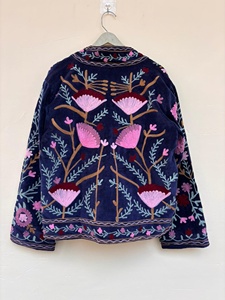 <b>Top</b> Trendy Blue Velvet Suzani Floral Jacket Embroidered Bomber Jacket Ethnic Winter <b>Coat</b> for Women - Product Image 3