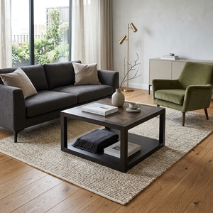 Table basse carrée en bois massif noir, 2 niveaux, étagère de rangement inférieure, bois teinté foncé, table d'appoint de salon, structure ouverte - Product Image 3
