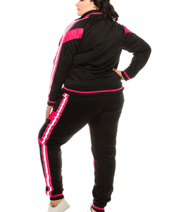Conjunto deportivo de 2 piezas para mujer, con rayas reflectantes de neón, ecológico, informal, de color liso, con sudadera de manga larga con cremallera y pantalones tipo jogger. - Product Image 3
