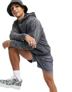 Conjunto de 2 Piezas Casual de Hip Hop para Hombre, Sudadera con Capucha de Manga Larga y Pantalones Cortos, Conjunto Deportivo con Capucha y Pantalones Cortos con Lavado Ácido, 100% Algodón - Product Image 3