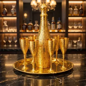 Ensemble de carafe à vin plaqué or de luxe avec 6 gobelets gravés, ensemble de verrerie traditionnelle en métal - Product Image 5
