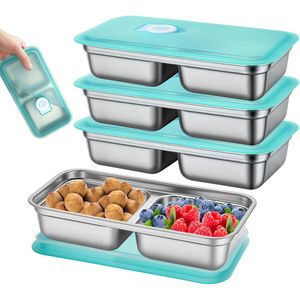 Set di 3 Contenitori per Snack in Acciaio Inox a Prova di Perdite con Coperchi Sigillati, Scatole Bento Riutilizzabili a 2 Scomparti per Preparazione Pranzo - Product Image 1