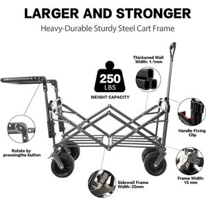 Carrello Pieghevole Robusto con Tettuccio Rimovibile, Ruote Grandi da 4 Pollici per Tutti i Terreni, Freno e Maniglia Regolabile per Uso in Spiaggia - Product Image 6