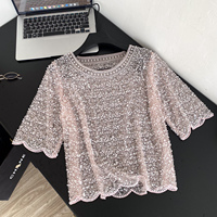 Blusas Casuales de Verano de Manga Corta para Mujer, Camisas con Lentejuelas, Tops Casuales para Dama, Ropa al por Mayor
