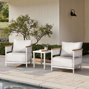 Poltrona da Patio Rhodes 29 Pollici Imbottita in Teak e Alluminio con Rivestimento in Ciniglia Grigio Betulla, Elegante Arredo da Esterno - Product Image 1