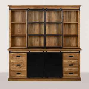 Industrial Long <b>Sideboard</b> with <b>Metal</b> and Glass Doors Solid Mango Wood Rough Finish Durable and Multifunction Storage - Product Image 1