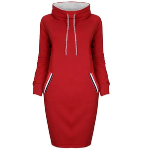 Vestido con capucha para mujer, manga larga, cuello alto, bolsillos con cordón, informal, otoño, gris, forro rojo - Product Image 4