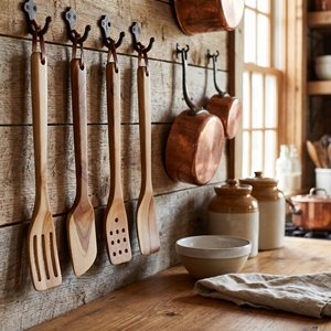 Juego de utensilios de cocina de madera de teca de grado alimenticio, 4 piezas, color marrón claro, natural, duradero, ecológico, espátula, cuchara perforada y cuchara volteadora. - Product Image 2