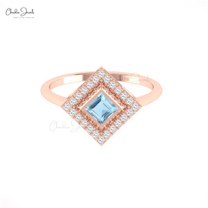 Producto de Moda: Anillo de Oro Sólido de 14k con Halo de Diamantes y Aguamarina Brasileña Natural de 0.32CTW, Anillo de Diseño, Envío Gratis, Joyería - Product Image 2