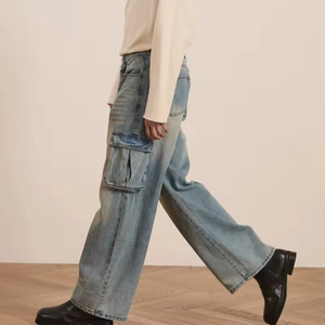 Nouveau Jean Cargo Homme Taille Haute 2026 en Denim Délavé Coupe Ample Jambe Large avec Grandes Poches Latérales Style Automne - Product Image 3
