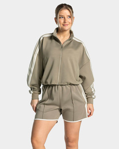 New Design Custom Logo Drop Shoulder <b>Khaki</b> Crop Zipper Jacket & <b>Shorts</b> With Stripes <b>Women's</b> Tracksuits Streetwear <b>Women's</b> Hoodie - Product Image 1