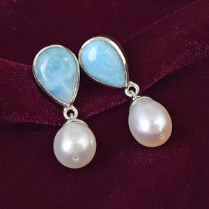 Nouvelles boucles d'oreilles pendantes en argent sterling S925 avec larimar et perle, serti clos, style classique, bijoux fins pour femme, à porter au quotidien - Product Image 1