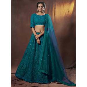 Teal Green Sequins Net Party Wear Lehenga Choli with Dupatta for <b>Wedding</b> - Product Image 1