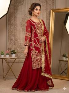 <b>Red</b> Classic A-Line Georgette <b>Sequined</b> Embroidered Party Dress with Dupatta Women Salwar Kameez Set Wedding Festival Wear - Product Image 3
