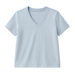 Camiseta Casual para Mujer, Cuello en V, Color Azul Cielo, Corta, de Lona, Poliéster/Algodón, Alta Calidad, Secado Rápido, Suave, Transpirable, al por Mayor - Product Image 3