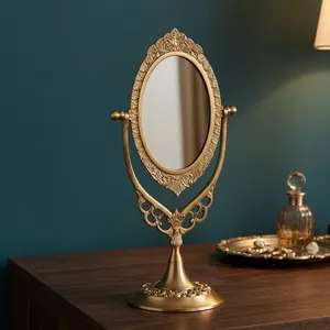 Vintage Gold Oval Tabletop <b>Vanity</b> <b>Mirror</b> with Ornate Carved Frame Rotating Stand for <b>Dressing</b> <b>Table</b> Bedroom Decor - Product Image 4