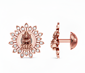Pendientes de Oro Rosa de 18K con Diamantes Cultivados en Laboratorio VVS EF, Diseño de la Diosa Lakshmi con Flor de Loto, Pendientes Religiosos con Diamantes CVD - Product Image 3
