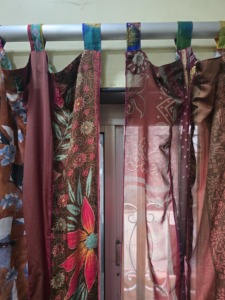 Traditional Chinese Style Handmade Vintage Silk Sari Patchwork Customizable Tab Top Translucent Door Drape Recycled Sari Curtain - Product Image 1